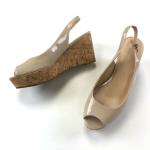 Marc Fisher nude cream slingback cork platform Peeptoe heels sandals size 8.5